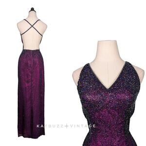 Vintage Scala Prom Dress Maxi Gown S Purple Pink Y2K Silk Glam Bead Backless